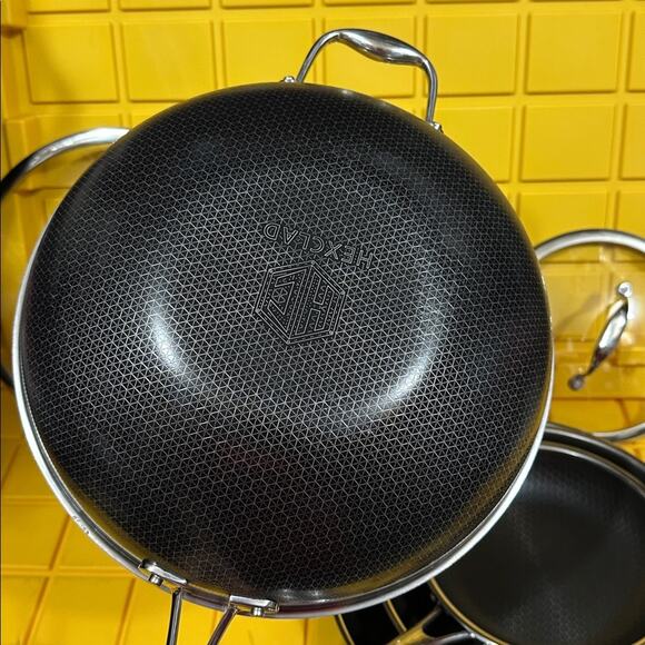 HEXCLAD 7-Piece Nonstick Stainless Steel Frying Pan Set 8 10 12- Lids Wok $600 - Picture 4 of 11